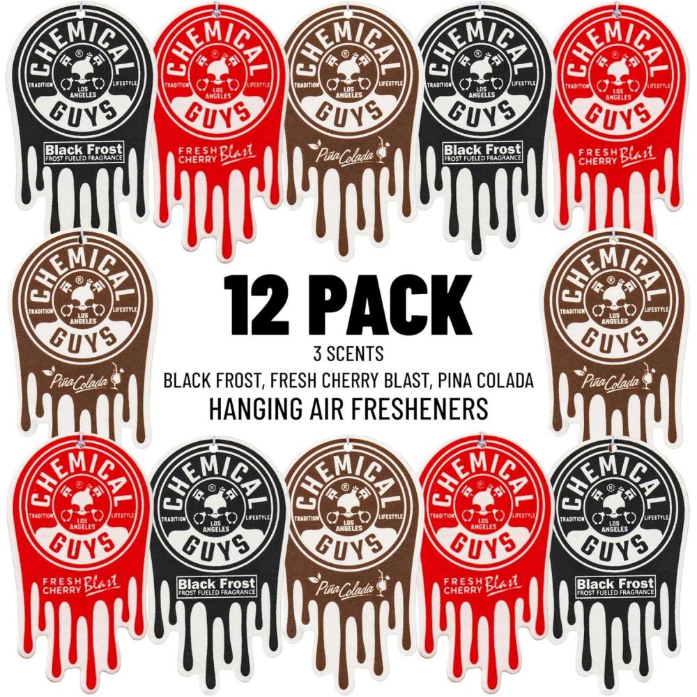 imageChemical Guys Hanging Air Freshener Variety Scent Pack 12 Pack Great for Cars Trucks SUVs RVs Home Garage Workspace Dorm Room ampamp More 4 x 3 Packs Black Frost Cherry Pina Colada  AIR40404Variety