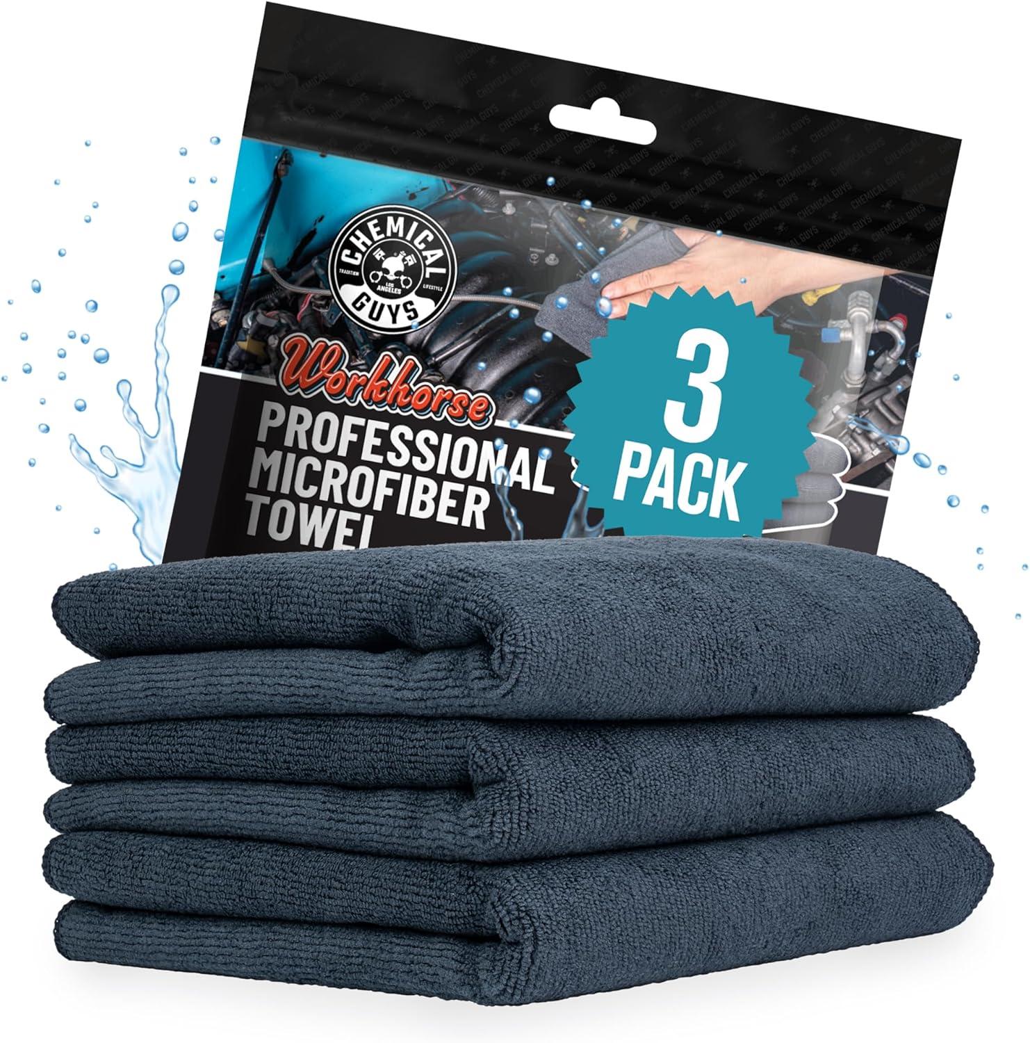 imageChemical Guys MIC35203 Workhorse Professional Grade Microfiber Towel Gray Safe for Car Wash Home Cleaning ampamp Pet Drying Cloths 16quot x 16quot Pack of 3Black