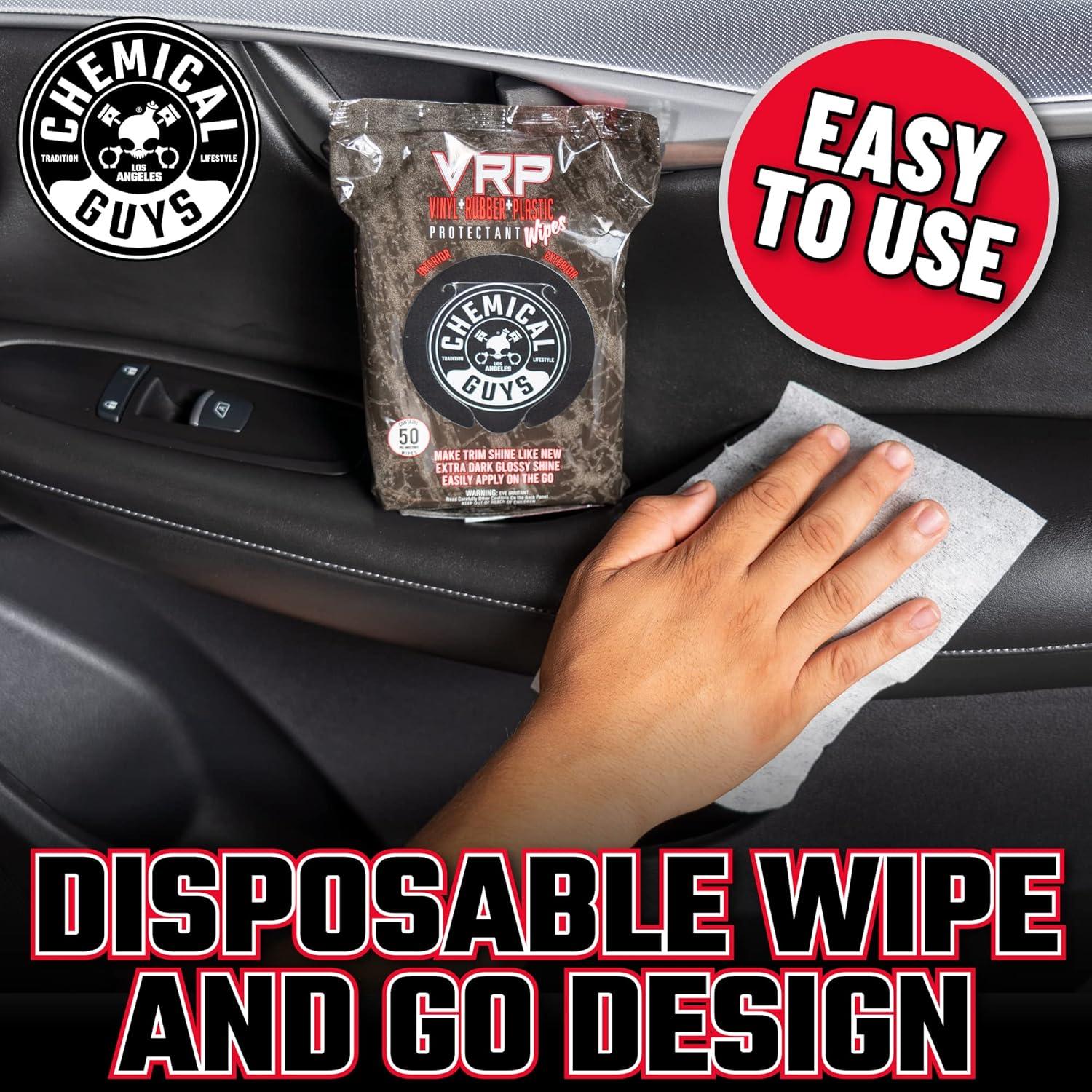 imageChemical Guys PMWTVD10750 VRP Shine and Protectant Wipes Mega 50 Pack For Vinyl Rubber and Plastic NonGreasy DrytotheTouch Long Lasting Super Shine Dressing for Tires Trim and More 50 Ct50 Count Pack of 1