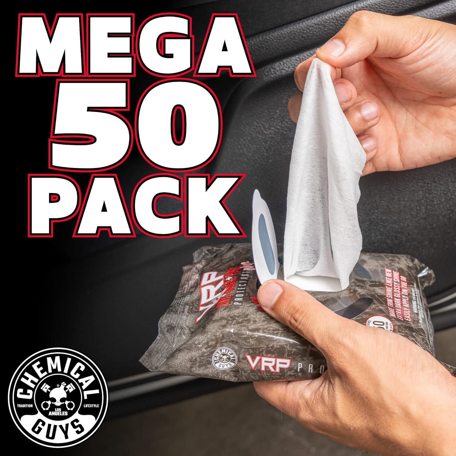 imageChemical Guys PMWTVD10750 VRP Shine and Protectant Wipes Mega 50 Pack For Vinyl Rubber and Plastic NonGreasy DrytotheTouch Long Lasting Super Shine Dressing for Tires Trim and More 50 Ct50 Count Pack of 1