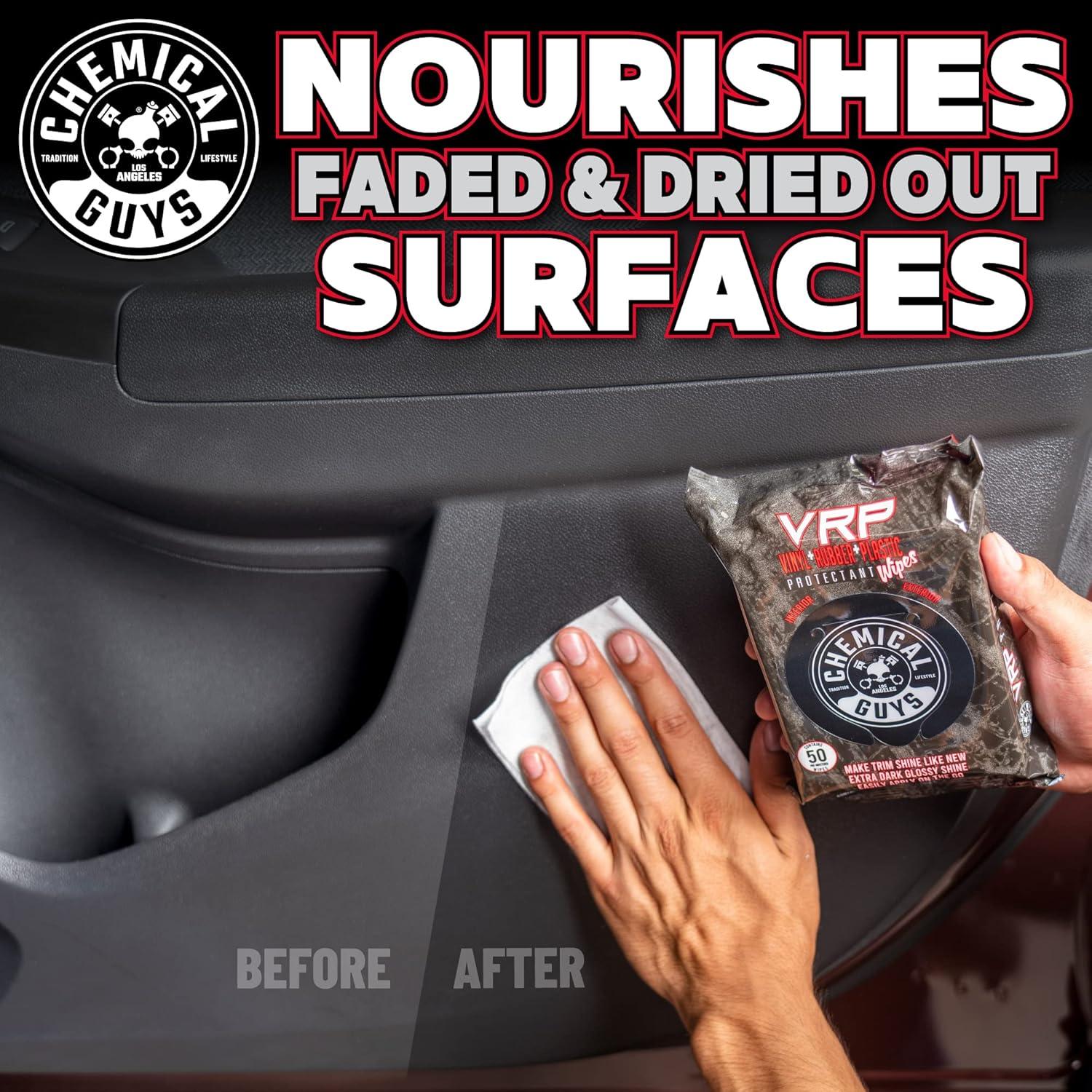 imageChemical Guys PMWTVD10750 VRP Shine and Protectant Wipes Mega 50 Pack For Vinyl Rubber and Plastic NonGreasy DrytotheTouch Long Lasting Super Shine Dressing for Tires Trim and More 50 Ct50 Count Pack of 1