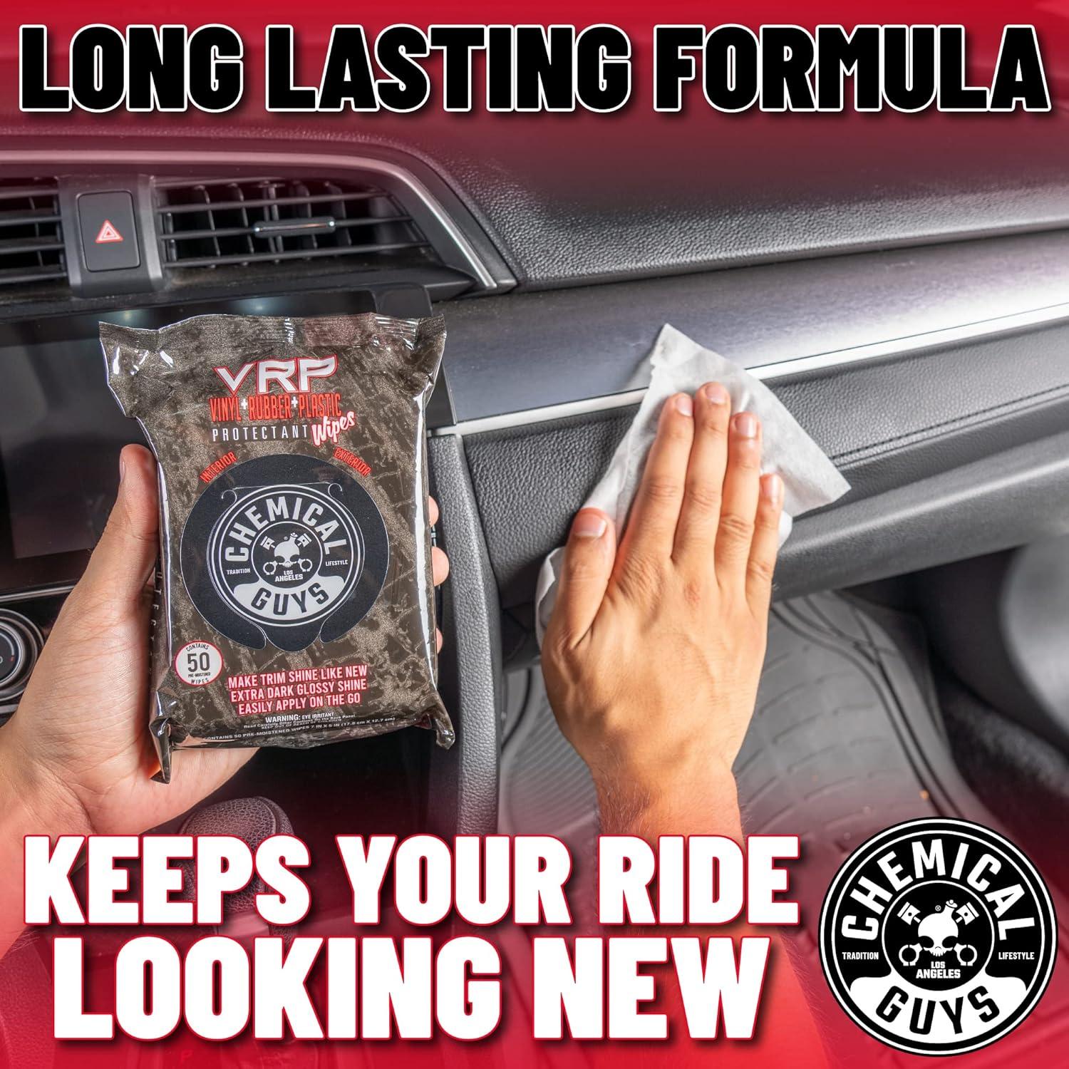 imageChemical Guys PMWTVD10750 VRP Shine and Protectant Wipes Mega 50 Pack For Vinyl Rubber and Plastic NonGreasy DrytotheTouch Long Lasting Super Shine Dressing for Tires Trim and More 50 Ct50 Count Pack of 1