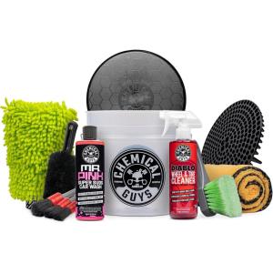 imageChemical Guys Car Washing Kit  Mr Pink Car Wash Soap Diablo Wheel Cleaner Wash Bucket with Dirt Trap and Lid Wash Mitt Detailing Brushes Microfiber Towel 11Piece