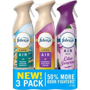 imageFebreze Air Mist Air Freshener Odor Fighting Room Spray Deodorizer for Home Bathroom Kitchen Office Apartment Lilac Sunrise Warm Ocean Breeze Summer Golden Hour Variety Pack 81oz Pack of 3Summer Mix Pack