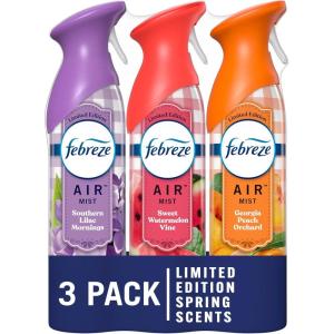 imageFebreze Air Mist Air Freshener Odor Fighting Room Spray Deodorizer for Home Bathroom Kitchen Office Apartment Lilac Sunrise Warm Ocean Breeze Summer Golden Hour Variety Pack 81oz Pack of 3Spring Mix Pack