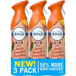 imageFebreze Air Mist Air Freshener Odor Fighting Room Spray Deodorizer for Home Bathroom Kitchen Office Apartment Lilac Sunrise Warm Ocean Breeze Summer Golden Hour Variety Pack 81oz Pack of 3Juicy Summer Peaches